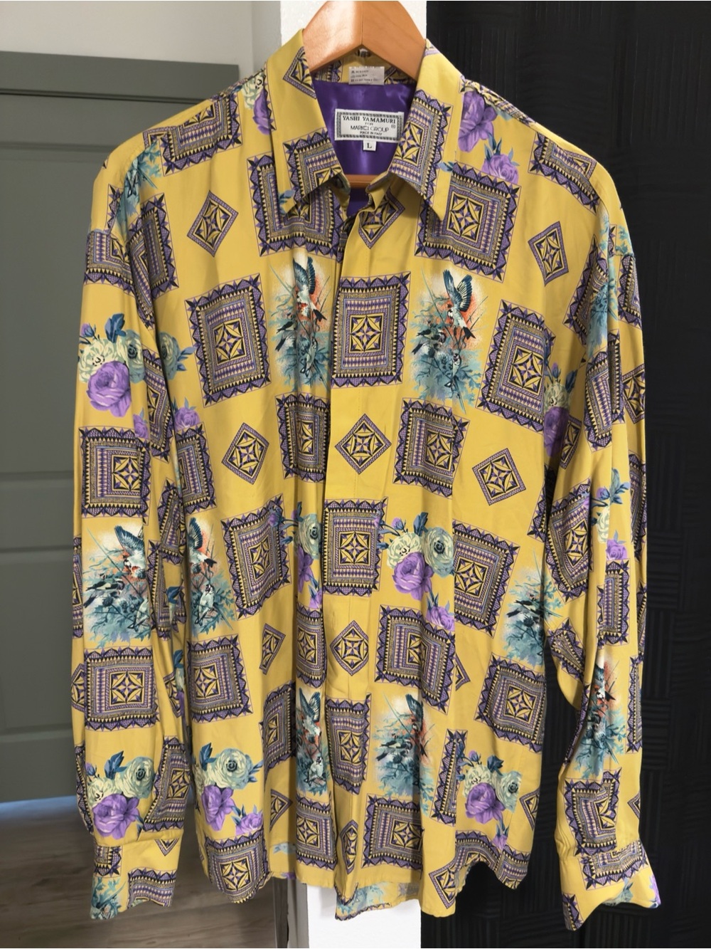 Vintage 80s Yashi Yamamuri Made in Italy Rayon Nylon AOP Shirt Men’s L